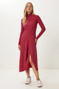 Happiness İstanbul Women's Burgundy Flounce Slit Midi Crinkle Dress - Image 2