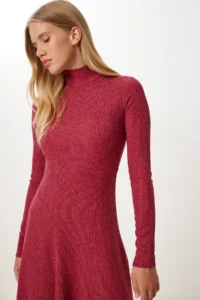 Happiness İstanbul Women's Burgundy Flounce Slit Midi Crinkle Dress - Image 3