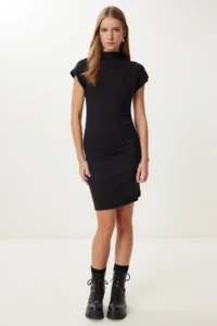 Happiness İstanbul Women's Black Gathered Saran Stretchy Knitted Mini Dress
