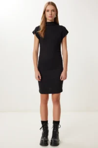 Happiness İstanbul Women's Black Gathered Saran Stretchy Knitted Mini Dress - Image 2