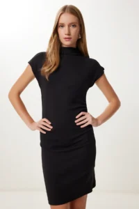 Happiness İstanbul Women's Black Gathered Saran Stretchy Knitted Mini Dress - Image 4