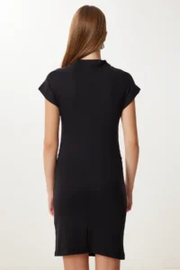 Happiness İstanbul Women's Black Gathered Saran Stretchy Knitted Mini Dress - Image 5