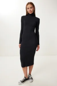 Happiness İstanbul Women's Black Turtleneck Corduroy Knitted Dress