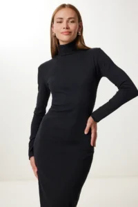 Happiness İstanbul Women's Black Turtleneck Corduroy Knitted Dress - Image 2