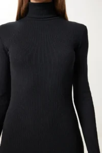 Happiness İstanbul Women's Black Turtleneck Corduroy Knitted Dress - Image 3