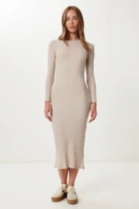 Happiness İstanbul Women's Beige Slit Saran Stretchy Knitted Dress