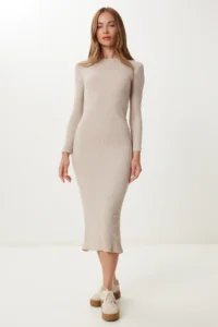 Happiness İstanbul Women's Beige Slit Saran Stretchy Knitted Dress - Image 2