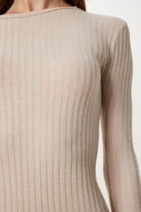 Happiness İstanbul Women's Beige Slit Saran Stretchy Knitted Dress - Image 4