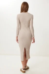 Happiness İstanbul Women's Beige Slit Saran Stretchy Knitted Dress - Image 5