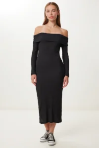 Happiness İstanbul Women's Black Carmen Collar Ribbed Knitted Midi Dress