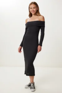 Happiness İstanbul Women's Black Carmen Collar Ribbed Knitted Midi Dress - Image 2