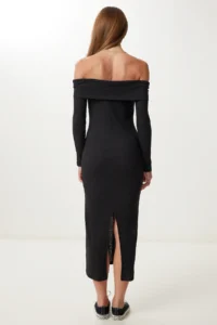 Happiness İstanbul Women's Black Carmen Collar Ribbed Knitted Midi Dress - Image 3