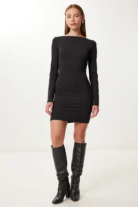 Happiness İstanbul Women's Black Backless Mini Knitted Dress - Image 2