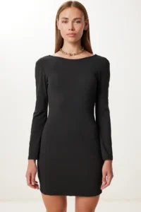 Happiness İstanbul Women Black Basic Flexible Knitting Mini Dress