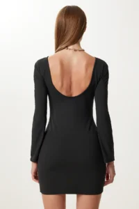Happiness İstanbul Women Black Basic Flexible Knitting Mini Dress - Image 3
