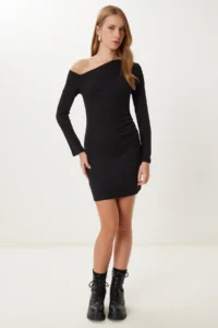 Happiness İstanbul Women's Black Boat Neck Gathered Mini Knitted Dress - Image 2