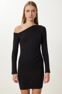 Happiness İstanbul Women's Black Boat Neck Gathered Mini Knitted Dress - Image 3