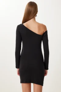 Happiness İstanbul Women's Black Boat Neck Gathered Mini Knitted Dress - Image 6