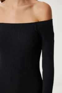 Happiness İstanbul Women's Black Carmen Collar Ribbed Knitted Mini Dress - Image 4