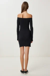 Happiness İstanbul Women's Black Carmen Collar Ribbed Knitted Mini Dress - Image 5