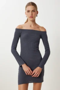 Happiness İstanbul Women's Anthracite Carmen Collar Ribbed Knitted Mini Dress - Image 2