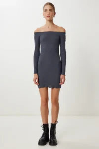 Happiness İstanbul Women's Anthracite Carmen Collar Ribbed Knitted Mini Dress - Image 3