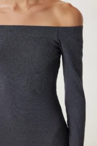 Happiness İstanbul Women's Anthracite Carmen Collar Ribbed Knitted Mini Dress - Image 4