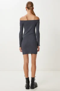 Happiness İstanbul Women's Anthracite Carmen Collar Ribbed Knitted Mini Dress - Image 5
