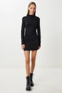 Happiness İstanbul Women Black Shirred Flexible Mini Knitting Dress