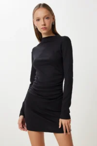 Happiness İstanbul Women Black Shirred Flexible Mini Knitting Dress - Image 2