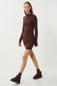 Happiness İstanbul Women's Brown Gathered Flexible Mini Knitted Dress