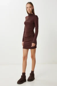 Happiness İstanbul Women's Brown Gathered Flexible Mini Knitted Dress - Image 2
