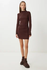 Happiness İstanbul Women's Brown Gathered Flexible Mini Knitted Dress - Image 3