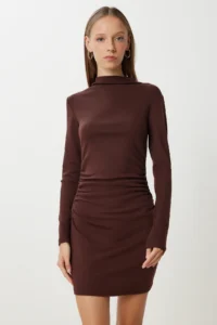 Happiness İstanbul Women's Brown Gathered Flexible Mini Knitted Dress - Image 4