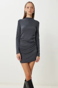 Happiness İstanbul Women's Anthracite Gathered Flexible Mini Knitted Dress - Image 2