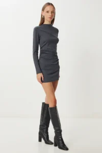 Happiness İstanbul Women's Anthracite Gathered Flexible Mini Knitted Dress - Image 3