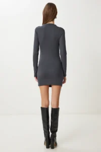 Happiness İstanbul Women's Anthracite Gathered Flexible Mini Knitted Dress - Image 4