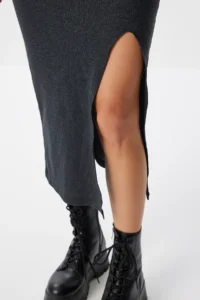 Happiness İstanbul Women's Anthracite Turtleneck Slit Corded Knitted Dress - Image 3