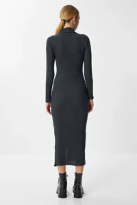 Happiness İstanbul Women's Anthracite Turtleneck Slit Corded Knitted Dress - Image 4