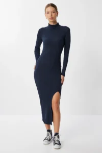 Happiness İstanbul Women's Anthracite Turtleneck Slit Corded Knitted Dress - Image 2