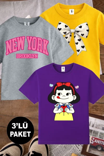 twins tailors Girl Eating Apple Printed 3 Pack Yellow-Grey-Purple Girls' T-Shirt