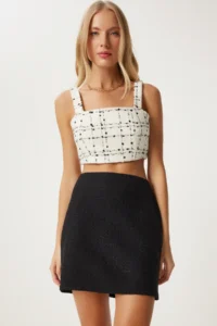 Happiness İstanbul Women Black Mini Tweed Skirt - Image 3