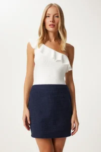 Happiness İstanbul Women Navy Blue Mini Tweed Skirt