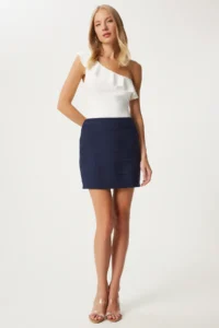 Happiness İstanbul Women Navy Blue Mini Tweed Skirt - Image 2