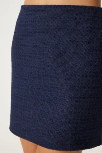 Happiness İstanbul Women Navy Blue Mini Tweed Skirt - Image 3