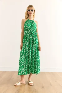 Olalook Women's Green White Floral Halter Neck Belted Woven Viscon Dress - Image 2