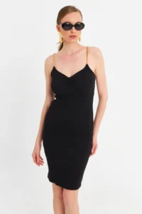 Cool & Sexy Women's Black Chain Strap Camisole Midi Dress