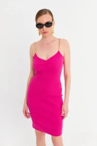Cool & Sexy Women's Fuchsia Chain Strap Camisole Midi Dress - Image 4