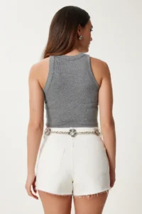 Happiness İstanbul Women's Anthracite Stone Detailed Halter Collar Knitted Undershirt - Image 4