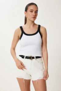 Happiness İstanbul Women's White Contrast Color Thick Strap Ribbed Athlete - Image 3